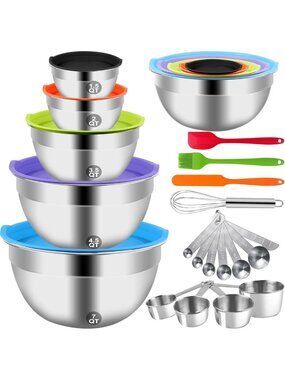 25PCS Stainless Steel Mixing Bowls Set with Lids, Measuring Cups & Utensils for